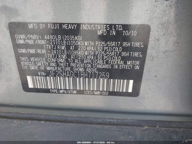 Aukcja sprzedaży 2011 Subaru Forester 2.5x Touring, vin: JF2SHAGC1BH717259, numer aukcji: 45689961