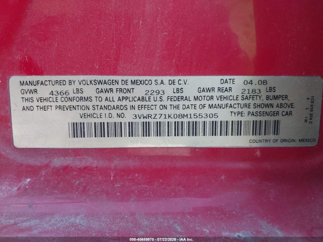 45689970 :رقم المزاد ، 3VWRZ71K08M155305 vin ، 2008 Volkswagen Jetta Se/sel مزاد بيع