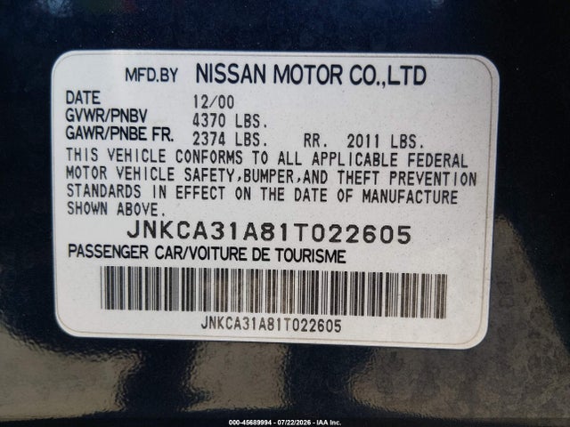 2001 Infiniti I30 Luxury მანქანა იყიდება აუქციონზე, vin: JNKCA31A81T022605, აუქციონის ნომერი: 45689994