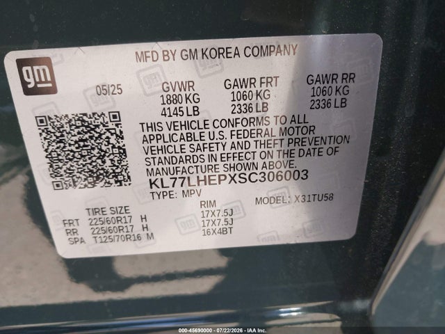 2025 Chevrolet Trax Fwd Lt მანქანა იყიდება აუქციონზე, vin: KL77LHEPXSC306003, აუქციონის ნომერი: 45690000
