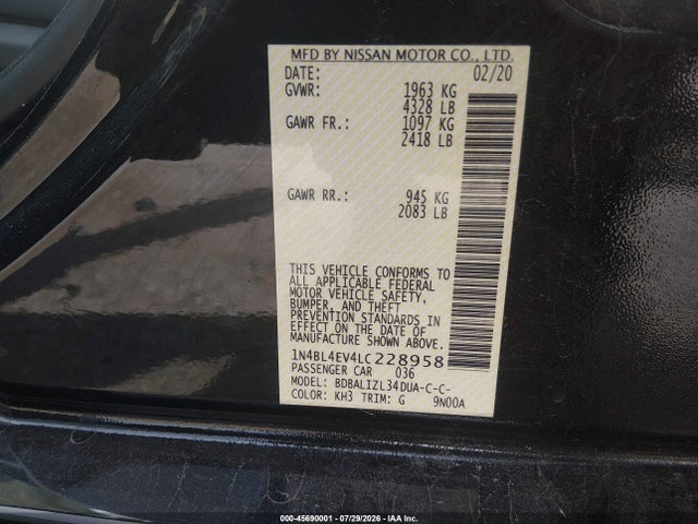Продажа на аукционе авто 2020 Nissan Altima Sl Fwd, vin: 1N4BL4EV4LC228958, номер лота: 45690001