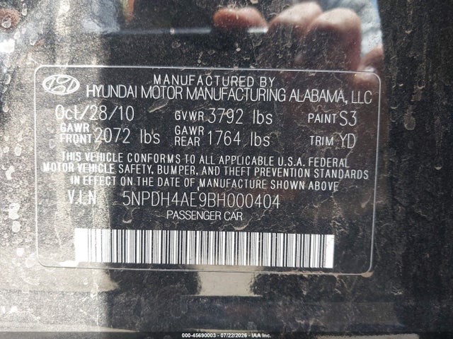 Продажа на аукционе авто 2011 Hyundai Elantra Gls, vin: 5NPDH4AE9BH000404, номер лота: 45690003