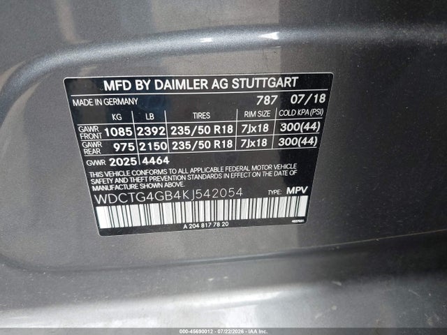 45690012 :رقم المزاد ، WDCTG4GB4KJ542054 vin ، 2019 Mercedes-benz Gla 250 4matic مزاد بيع