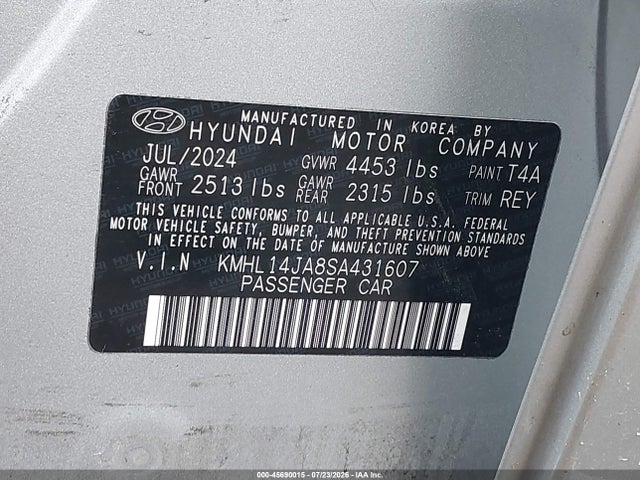 2025 Hyundai Sonata Sel Convenience მანქანა იყიდება აუქციონზე, vin: KMHL14JA8SA431607, აუქციონის ნომერი: 45690015
