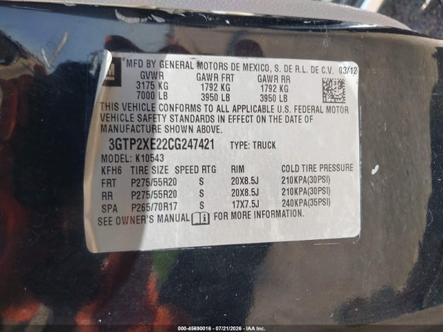 Aukcja sprzedaży 2012 Gmc Sierra 1500 Denali, vin: 3GTP2XE22CG247421, numer aukcji: 45690016
