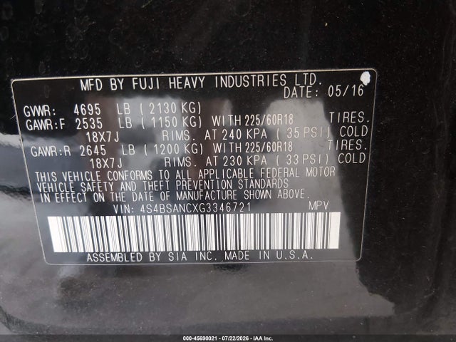 Subaru Outback 2.5i Limited 2016 4S4BSANCXG3346721 Image 9