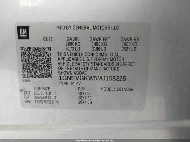 Продажа на аукционе авто 2021 Chevrolet Traverse Awd Lt Cloth, vin: 1GNEVGKW5MJ158228, номер лота: 45690026