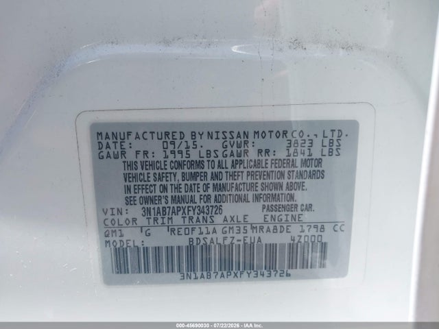 3N1AB7APXFY343726 Nissan Sentra Fe+ S