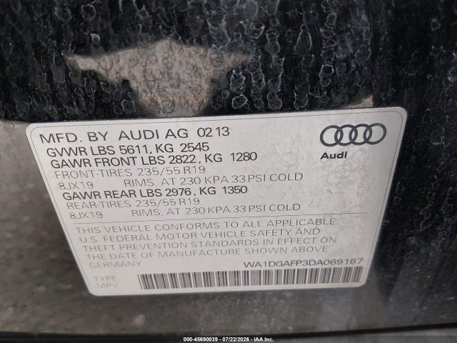 45690039 :رقم المزاد ، WA1DGAFP3DA069167 vin ، 2013 Audi Q5 3.0t Premium Plus مزاد بيع