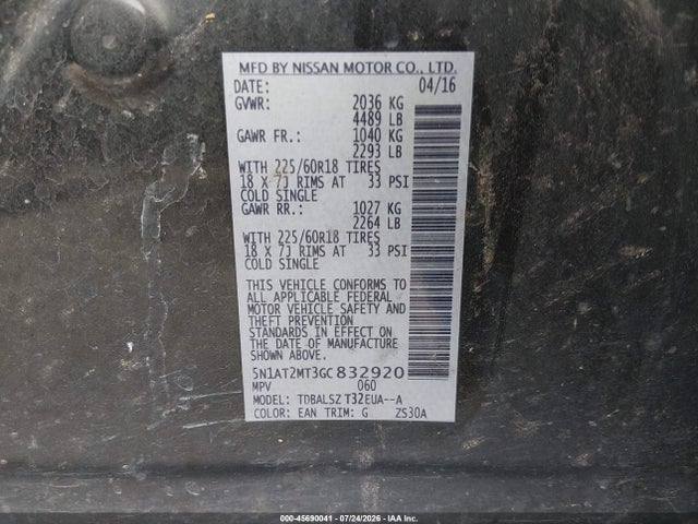 2016 Nissan Rogue Sl მანქანა იყიდება აუქციონზე, vin: 5N1AT2MT3GC832920, აუქციონის ნომერი: 45690041