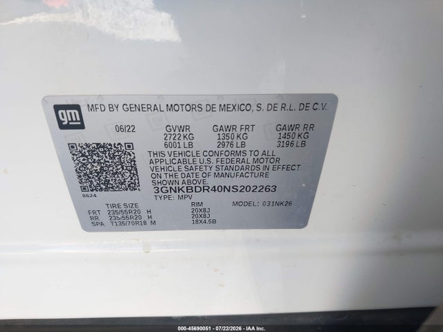 Aukcja sprzedaży 2022 Chevrolet Blazer Fwd 3lt, vin: 3GNKBDR40NS202263, numer aukcji: 45690051