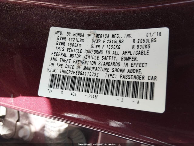 1HGCR2F59GA110732 Honda Accord Sport