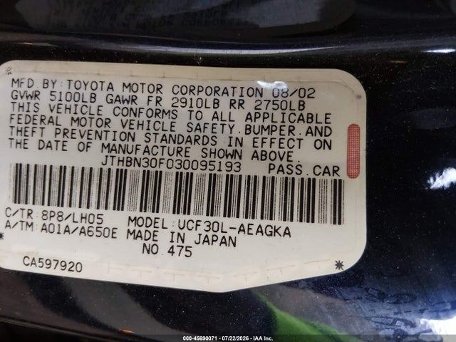 Aukcja sprzedaży 2003 Lexus Ls 430, vin: JTHBN30F030095193, numer aukcji: 45690071