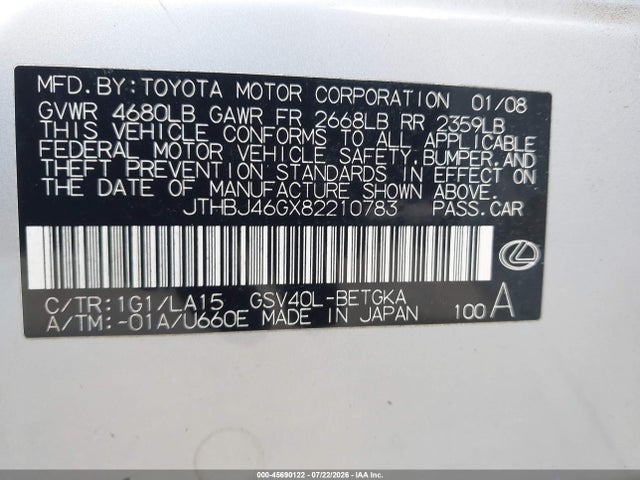Продаж на аукціоні авто 2008 Lexus Es 350, vin: JTHBJ46GX82210783, номер лоту: 45690122