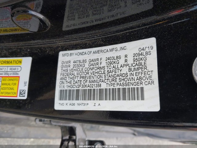 Продаж на аукціоні авто 2019 Honda Accord Sport 2.0t, vin: 1HGCV2F30KA021358, номер лоту: 45690128