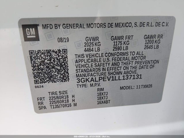 45690129 :رقم المزاد ، 3GKALPEV1LL137131 vin ، 2020 Gmc Terrain Fwd Slt مزاد بيع