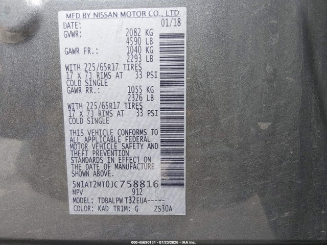 Auction sale of the 2018 Nissan Rogue S, vin: 5N1AT2MT0JC758816, lot number: 45690131
