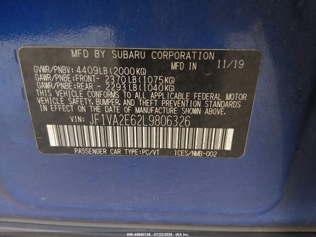 Aukcja sprzedaży 2020 Subaru Wrx Sti, vin: JF1VA2E62L9806326, numer aukcji: 45690136
