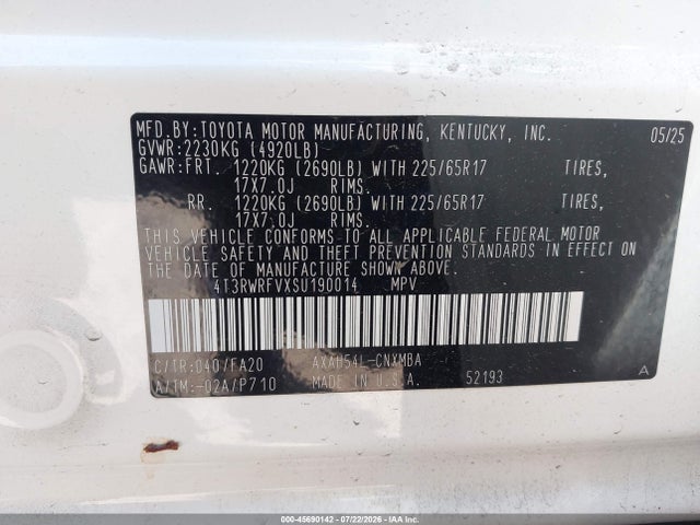 4T3RWRFVXSU190014 Toyota Rav4 Hybrid Xle