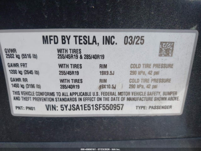 Aukcja sprzedaży 2025 Tesla Model S Rear-wheel Drive, vin: 5YJSA1E51SF550957, numer aukcji: 45690161