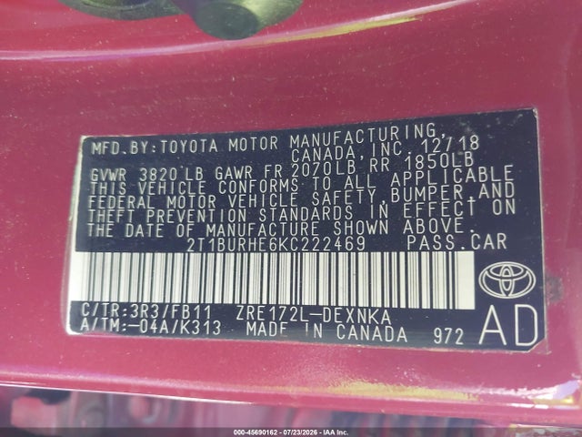 2T1BURHE6KC222469 Toyota COROLLA LE