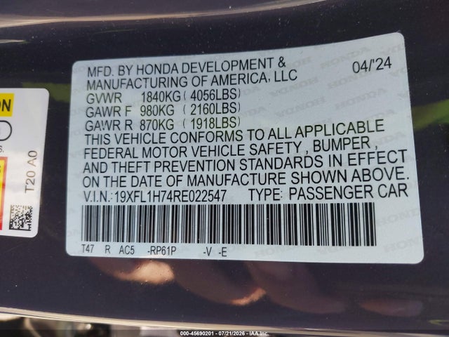 19XFL1H74RE022547 Honda Civic Ex-l