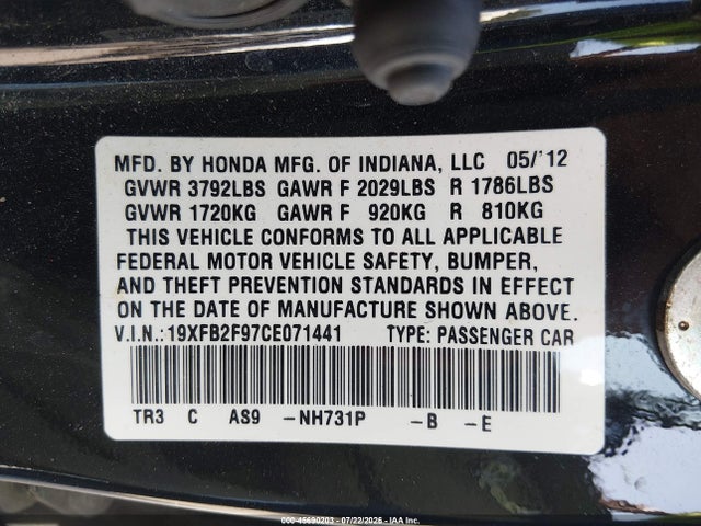 Продаж на аукціоні авто 2012 Honda Civic Ex-l, vin: 19XFB2F97CE071441, номер лоту: 45690203