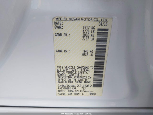 1N4AL3APXGC221662 Nissan Altima 2.5/2.5 S/2.5 Sl/2.5 Sr/2.5 Sv