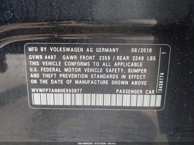 Продаж на аукціоні авто 2017 Volkswagen Cc 2.0t R-line Executive, vin: WVWFP7AN6HE503877, номер лоту: 45690240