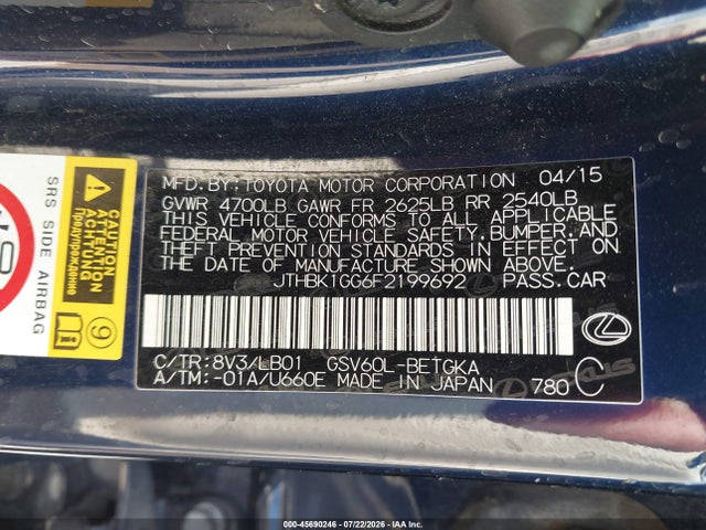 Aukcja sprzedaży 2015 Lexus Es 350, vin: JTHBK1GG6F2199692, numer aukcji: 45690246