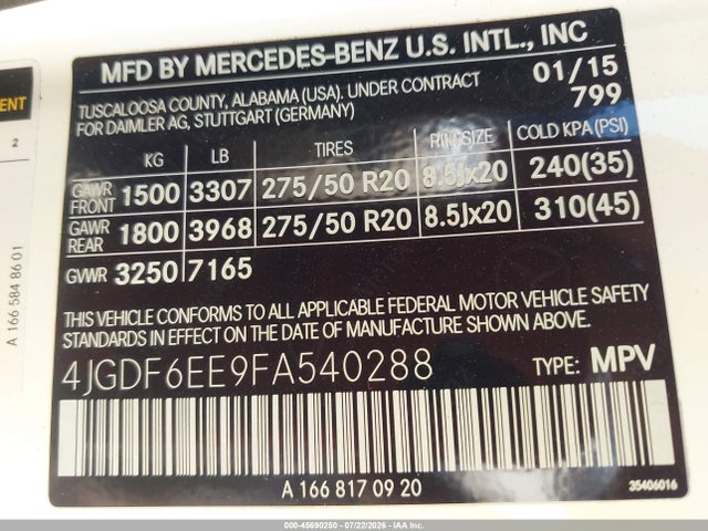 4JGDF6EE9FA540288 Mercedes-Benz Gl 450 4matic