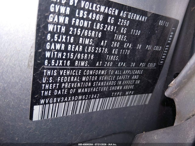 Продаж на аукціоні авто 2013 Volkswagen Tiguan S, vin: WVGBV3AX9DW621842, номер лоту: 45690264