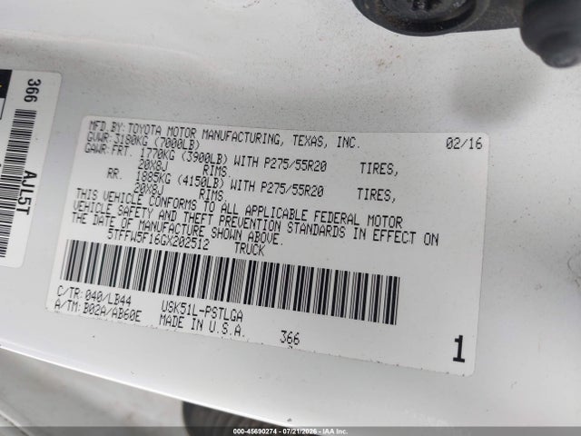 45690274 :رقم المزاد ، 5TFFW5F16GX202512 vin ، 2016 Toyota Tundra Limited 5.7l V8 مزاد بيع