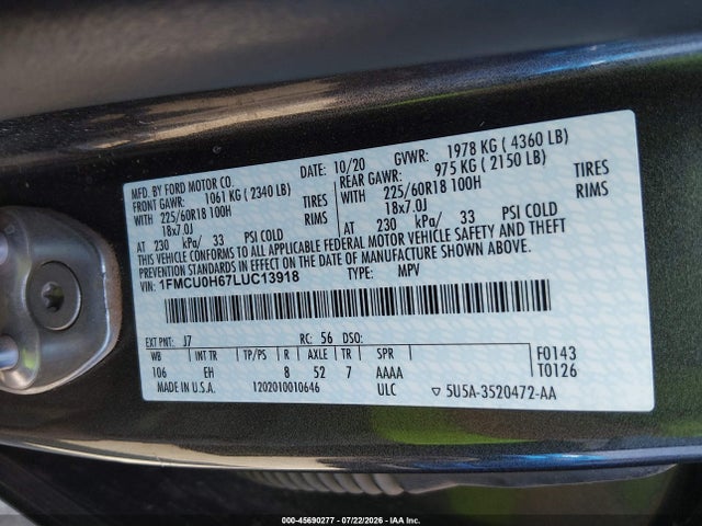 Ford ESCAPE SEL 2020 1FMCU0H67LUC13918 Image 9