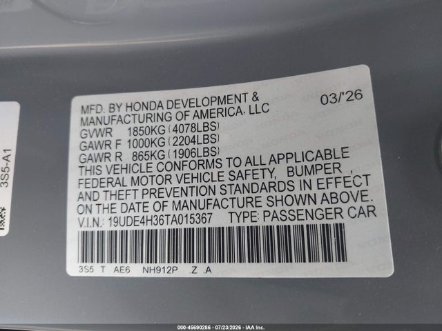 Продаж на аукціоні авто 2026 Acura Integra Fwd A-spec, vin: 19UDE4H36TA015367, номер лоту: 45690286