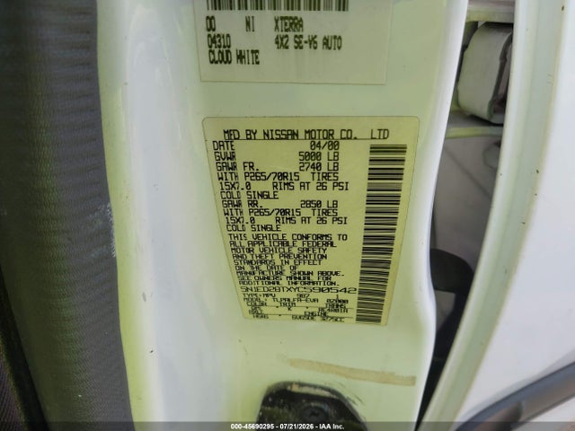 45690295 :رقم المزاد ، 5N1ED28TXYC590542 vin ، 2000 Nissan Xterra Se/xe مزاد بيع