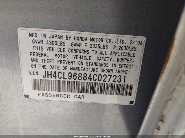 Продажа на аукционе авто 2004 Acura Tsx, vin: JH4CL96884C027231, номер лота: 45690298