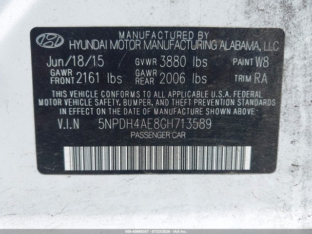 45690307 :رقم المزاد ، 5NPDH4AE8GH713589 vin ، 2016 Hyundai Elantra Se مزاد بيع