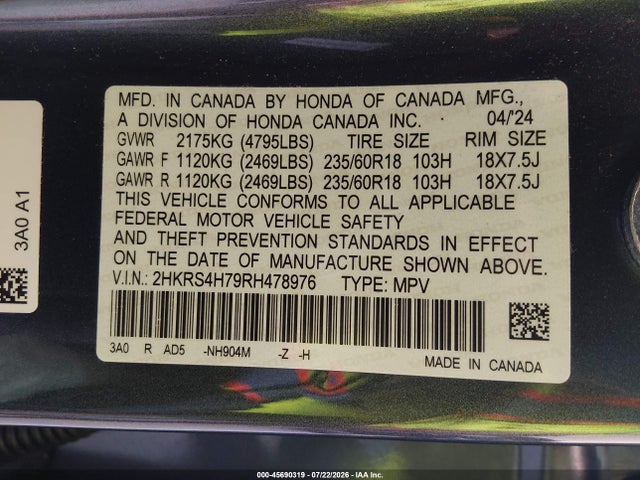 2HKRS4H79RH478976 Honda Cr-v Ex-l Awd