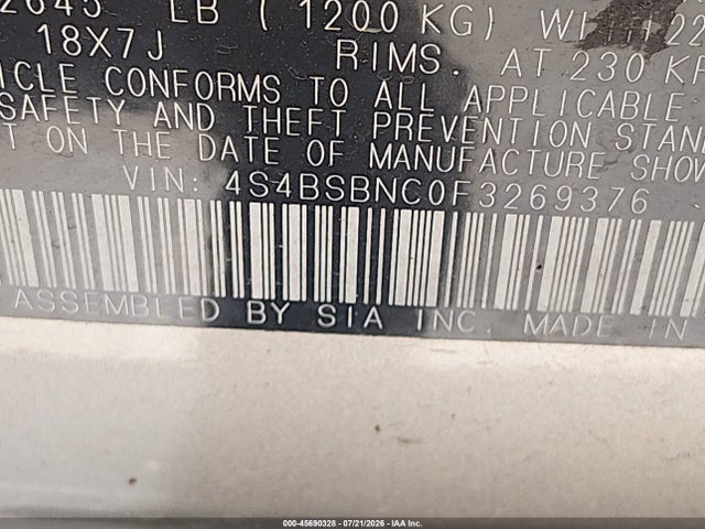 2015 Subaru Outback 2.5i Limited მანქანა იყიდება აუქციონზე, vin: 4S4BSBNC0F3269376, აუქციონის ნომერი: 45690328