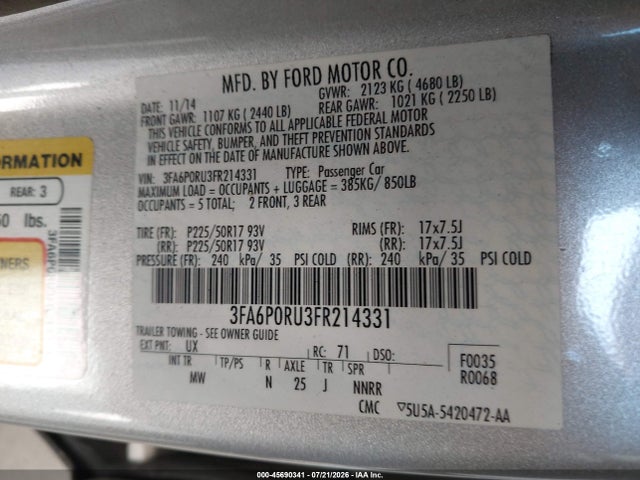 Продаж на аукціоні авто 2015 Ford Fusion Hybrid Titanium, vin: 3FA6P0RU3FR214331, номер лоту: 45690341