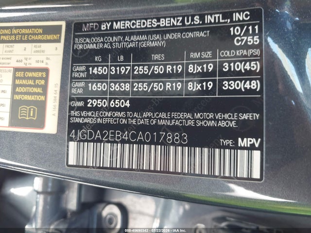 45690342 :رقم المزاد ، 4JGDA2EB4CA017883 vin ، 2012 Mercedes-benz Ml 350 Bluetec 4matic مزاد بيع