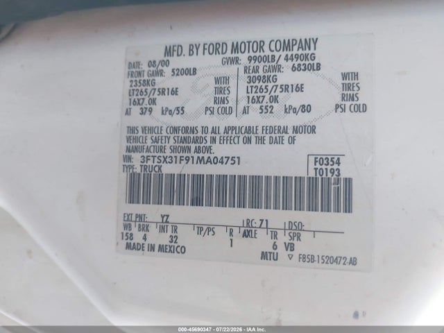 Продаж на аукціоні авто 2001 Ford F-350 Lariat/xl/xlt, vin: 3FTSX31F91MA04751, номер лоту: 45690347