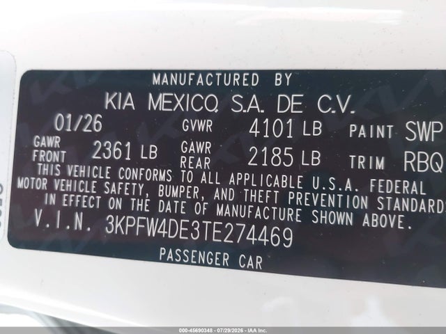 Продаж на аукціоні авто 2026 Kia K4 Gt-line, vin: 3KPFW4DE3TE274469, номер лоту: 45690348