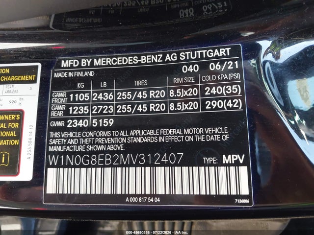 45690356 :رقم المزاد ، W1N0G8EB2MV312407 vin ، 2021 Mercedes-benz Glc 300 4matic Suv مزاد بيع