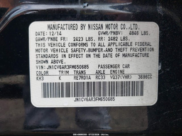 Продажа на аукционе авто 2015 Infiniti Q40, vin: JN1CV6AR3FM650685, номер лота: 45690358