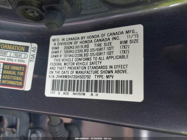 2HKRM3H72GH505792 Honda Cr-v Ex-l