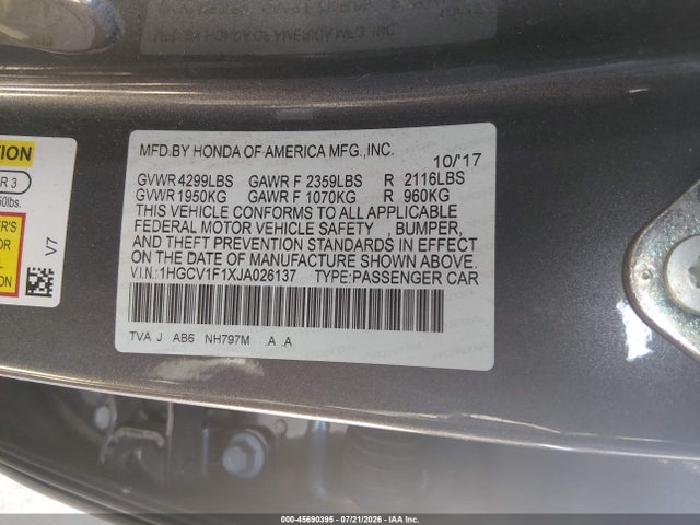 2018 Honda Accord Lx მანქანა იყიდება აუქციონზე, vin: 1HGCV1F1XJA026137, აუქციონის ნომერი: 45690395