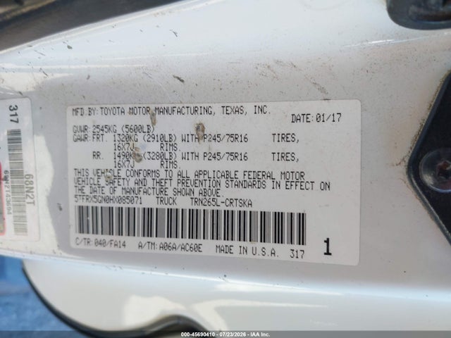 Продажа на аукционе авто 2017 Toyota Tacoma Sr, vin: 5TFRX5GN0HX085071, номер лота: 45690410