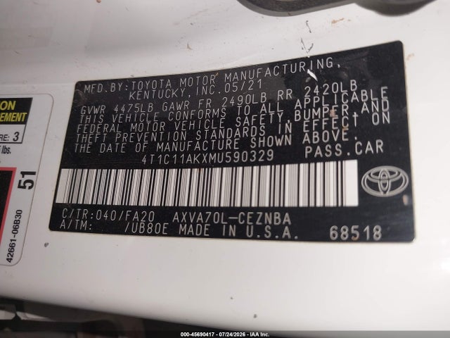 2021 Toyota Camry Le მანქანა იყიდება აუქციონზე, vin: 4T1C11AKXMU590329, აუქციონის ნომერი: 45690417